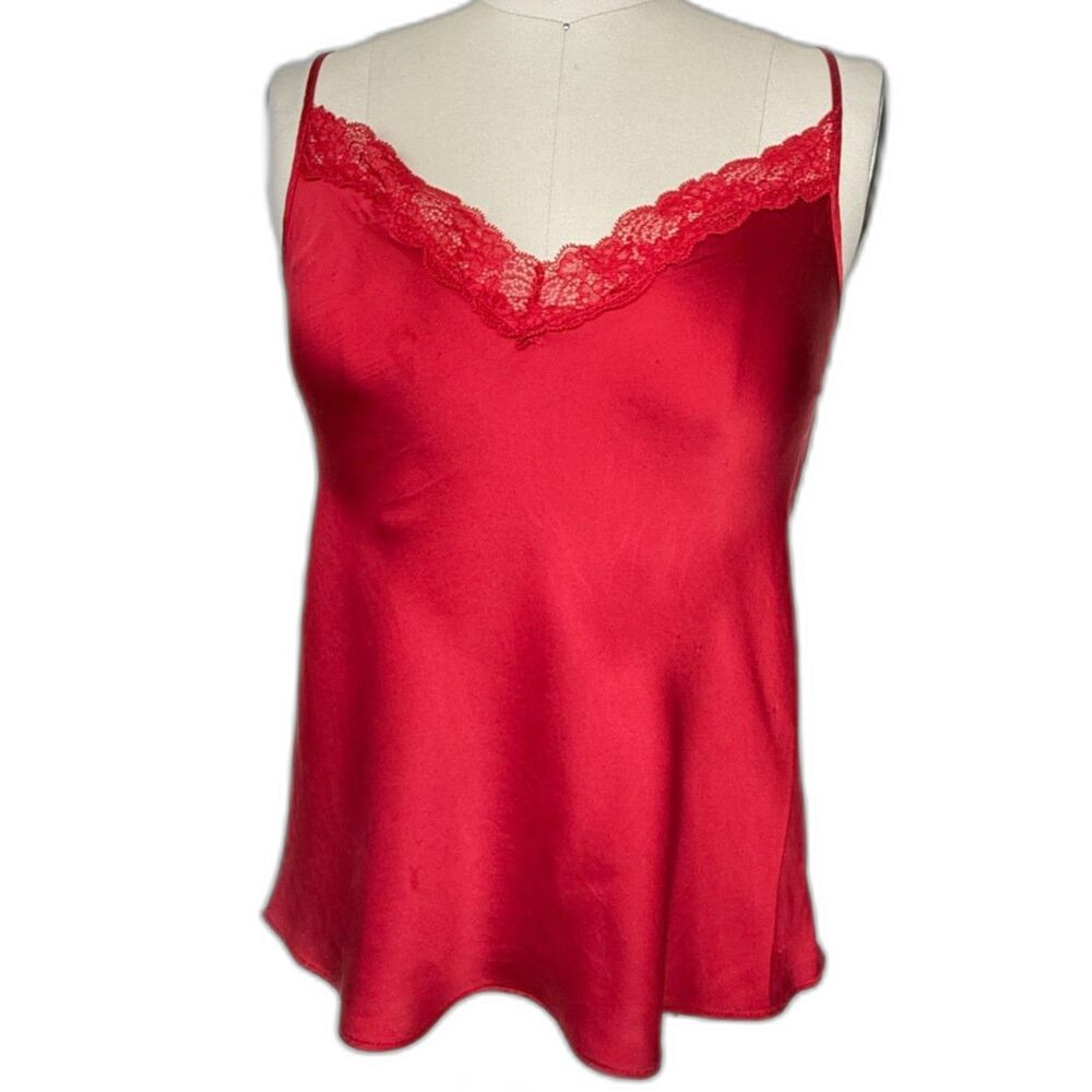 Etam 100% Silk Red Camisole womens sz Small Lace trim adjustable Straps